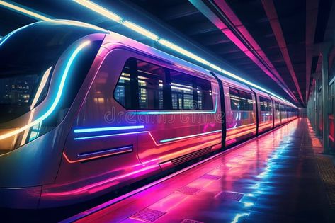 High speed futuristic train with neon glowing carriages at metro station stock photo Futuristic Train Station, Metro Station Aesthetic, Futuristic Train, 1980s Aesthetic, Photo Station, F1 2024, Futuristic Background, Subway Train, Cyberpunk City