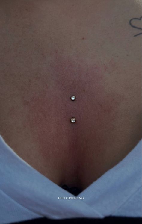 Double Chest Dermal Piercing, Dermal Body Piercings, Chest Surface Piercing, Chest Dermal Piercing Center, Piercing Between Breast, Sternum Piercing Dermal, Chest Dermal Piercing, Chest Piercings For Women, Dermal Piercing Chest