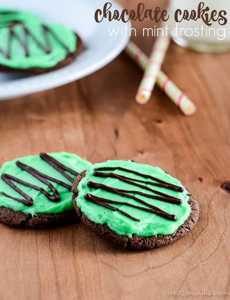 Mint Buttercream, Mint Frosting, Chocolate Mint Cookies, Store Bought Frosting, Chewy Chocolate Cookies, Chocolate Brownie Cookies, Mint Brownies, Chewy Cookies, Mint Recipes