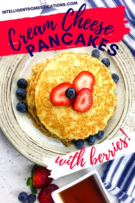 This recipe is for those two ingredients cream cheese pancakes for the keto diet. We have added a couple more ingredients for flavor and topped our pancakes with fresh berries. Maple syrup is of course optional. #lowcarb #breakfastrecipe #keto #breakfastideas Cream Cheese Sweet Potato, Cheese Pancakes Recipe, 2 Ingredient Pancakes, Keto Cream Cheese Pancakes, Keto Cream Cheese, Cream Cheese Pancakes, Easy To Make Breakfast, Pancake Toppings, Sweet Potato Pancakes