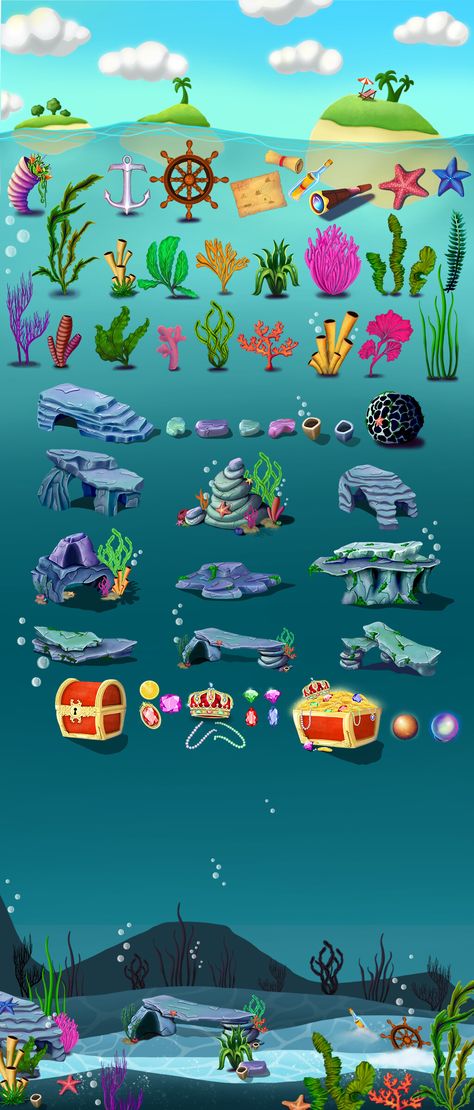 asset of under water, on ArtStation at https://www.artstation.com/artwork/68kkV5 Animated Underwater, Underwater 2d Design, Underwater Vector, Underwater World Illustration, Underwater Plants Illustration, Underwater Cartoon, 2d Design, Game Themes, Composition Design