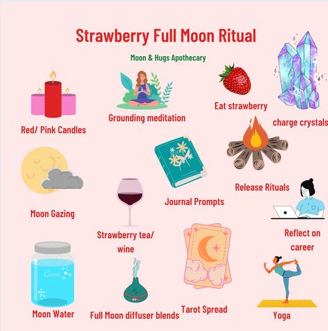 Strawberry Full Moon Ritual, Strawberry Moon Ritual, Super Moon Ritual, Moon Ritual Ideas, Moon Cycling, Capricorn Full Moon, Strawberry Full Moon, Full Moon June, Full Strawberry Moon