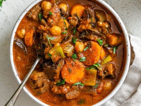 Eggplant Stew [With Tomatoes + Chickpeas] Stew With Tomatoes, Eggplant Stew, Sauteed Eggplant, Eggplant Pasta, Eggplant Curry, Affordable Kitchen, Chickpea Stew, Vegan Soups, Vegan Appetizers