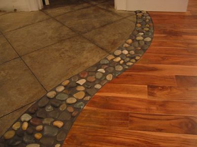 Wood floor to Tile floor Transition......  I SOOOOO want to do this for my kitchen!!!! Honey! Wood Tile Floors, Tile Floors, Cool Ideas, Naha, Wood Tile, River Rock, My Dream Home, Wood Floors, Wristlets