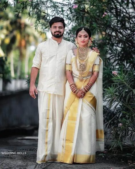 Different Ways To Wear Blouse Designs For Kasavu Saree Kasavu Saree, Bride Head, Kerala Bride, Bridal Sarees South Indian, Couple Wedding Dress, Indian Wedding Couple, Wedding Photoshoot Poses, Set Saree, South Indian Weddings