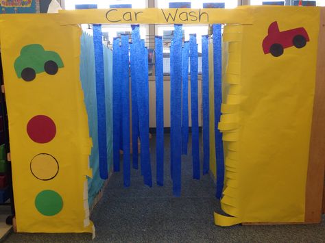 Make a car wash out of cardboard boxes for transportation storytimes. Bubbles for soap, streamers, a stop/go sign at the beginning. Water Dramatic Play Ideas, Transportation Theme Preschool Dramatic Play, Car Wash Dramatic Play Preschool, Preschool Roads Study, Roads Creative Curriculum, Transportation Dramatic Play Preschool, Car Wash Dramatic Play, Transportation Week Preschool, Transportation Dramatic Play