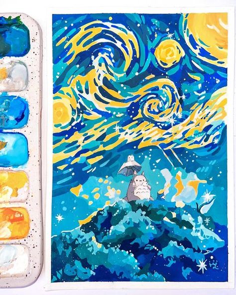 Marlene on Instagram: "totoro’s starry night ⁣ Had this idea in my head for a while and finally decided to turn it into a painting! Every time i watch this scene in totoro, i always thought of Van Gogh’s piece, The Starry Night and how magical they’d look together so here it is. Also!! it was so fun working with bold strokes to create the sky. I’m always focusing on the tiny details that it was fun to let go of that for once :) Merry christmas everyone!! 🎄⁣ ⁣ Made with Winsor and Newton gouache Van Gogh Drawings, Studio Ghibli Inspired, Totoro Art, Magical Paintings, Starry Night Art, Winsor And Newton, Starry Night Painting, Scene Drawing, The Starry Night