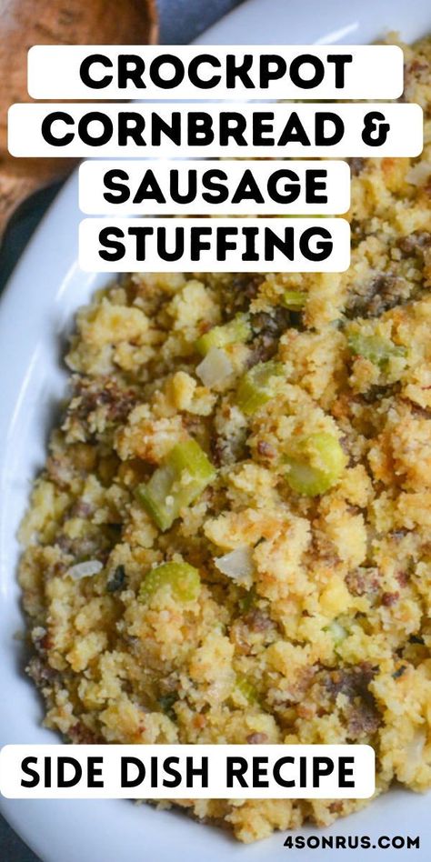 This crockpot cornbread and sausage stuffing frees up some oven space this holiday season while creating a classic delicious side dish you and your family will love! Cornbread Stuffing Crockpot, Crockpot Cornbread Dressing Slow Cooker, Crock Pot Cornbread Dressing, Crockpot Sausage Stuffing Recipes, Crockpot Cornbread Stuffing, Crockpot Sausage Stuffing, Stuffing Recipes With Sausage, Crockpot Stuffing Recipes, Sausage Stuffing Recipe Thanksgiving