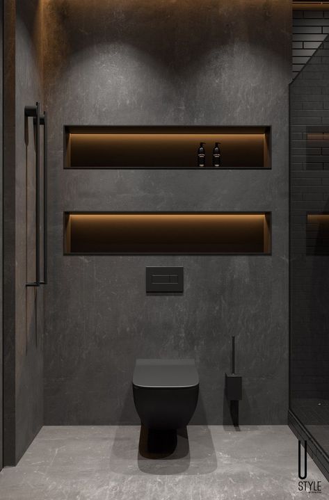 Dark Bathroom Design, Dark Grey Bathroom, Wc Decoration, Toilette Design, Dark Bathrooms, Bathroom Inspiration Modern, Black Toilet, Washroom Design, House Details