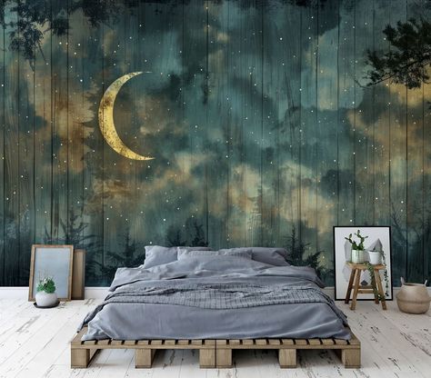 Enchanted Forest at Night Sky Stars Crescent Moon Gift, Art Print Photomural Wallpaper Mural Easy-Install Removeable Peel and Stick Decal Fotowalls tailored wall art products are space transformers - designed to instantly create a feeling or a look, and make your rooms as unique as you are. 📦🌎 FREE WORLDWIDE EXPRESS SHIPPING! 🌎📦 📍📐 All sizes are Width by Height 📐📍 INK ➡  We print using HP EcoLatex ink; GreenGuard Gold status with ultra-low emissions and VSC's, suitable for children's bed Sweet Dreams Bedroom Decor, Nighttime Forest Nursery, Rainy Room Aesthetic, Night Themed Bedroom, Wallpapers For Bedroom Walls, Boho Gothic Bedroom, Wall Painting Ideas Bedroom Unique, Astrology Bedroom, Magical Bedroom Ideas