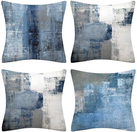 BCKAKQA Cushion Covers 45cm x 45cm Set of 4 Navy Blue Grey Throw Pillow Covers 18x18 inches Soft Polyester Square Decorative Throw Pillow Cases for Living Room Sofa Couch Bed Pillowcases: Amazon.co.uk: Kitchen & Home Terracota Bedroom Ideas, Abstract Living Room, Teal Throw Pillows, Turquoise Cushions, Grey Abstract Art, Blue Pillows Decorative, Turquoise Grey, Back Room, Grey Throw Pillows