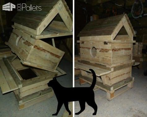 Cat Pallet Projects: Here Are 10 Amazing Ideas For Them! Animal Pallet Houses & Pallet Supplies Pallet Cat House, Pallet Dog House, Outdoor Cat Shelter, Feral Cat House, Cat Houses Indoor, Cat House Diy, 1001 Pallets, Pallet House, Outdoor Cat House