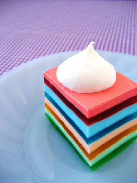 I am pretty sure I'm not patient enough to create layered jello, but I appreciate it's awesome stripeyness Rainbow Jello, Picnic Potluck, Layered Jello, Jello Cake, Jello Desserts, Fruit Salads, Jello Recipes, Jell O, Evaporated Milk