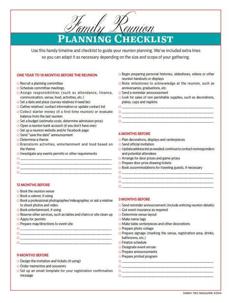 Family Reunion Ideas Organizing, Reunion Checklist, High School Reunion Planning, Family Reunion Themes, Family Reunion Decorations, Family Reunion Activities, Reunion Favors, Reunion Decorations, Wedding Planner Checklist