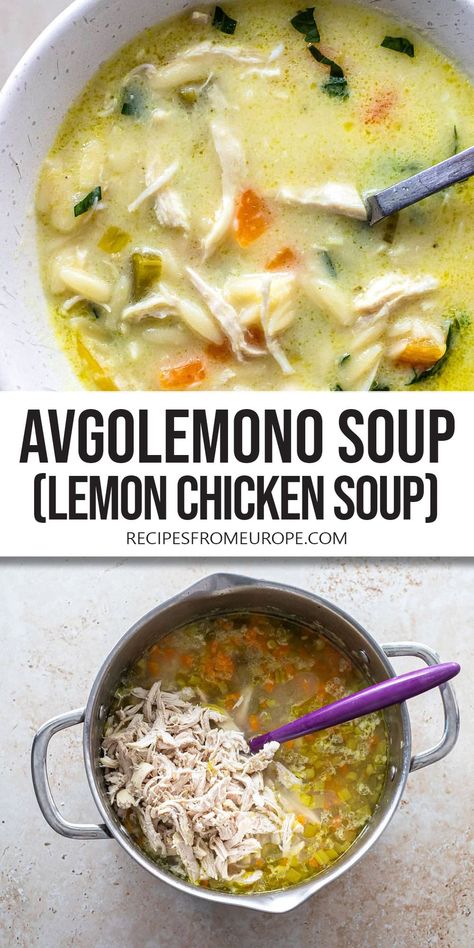 Want to make delicious Avgolemono Soup? This classic Greek lemon chicken soup is creamy, filling and full of flavors! Lemon Garlic Chicken Soup, Greek Lemon Chicken And Farro Soup, Chicken Avgolemono Soup, Greek Chicken Lemon Soup, Greek Lemon Soup Orzo Rotisserie Chicken, Lemon Chicken Soup Greek, Greek Chicken Soup, Greek Avgolemono Soup, Greek Lemon Soup