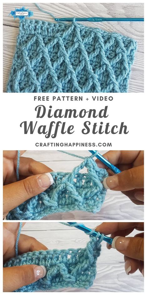 Learn how to crochet the Diamond Waffle Stitch with the free step by step photo tutorial and video for beginners from Crafting Happiness. #crochetblankets #crochetafghans #crochetstitches #crochetpatterns #freecrochetpatterns #crochetforbaby #crochetprojects #crochetbaby #babyblankets #stitchesforblankets #craftinghappiness Pretty Crochet Stitches, Pola Sweater, Crochet Diamond, Crochet Waffle Stitch, Crochet Stitches Free, Waffle Stitch, Crochet Tips, Crochet Stitches For Beginners, Learn How To Crochet