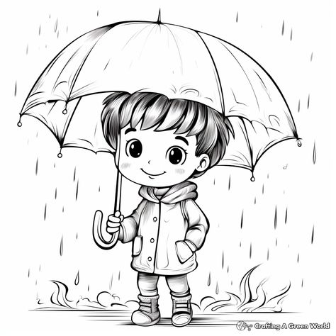 Rain Drawing For Kids, Rain Coloring Pages, Umbrella Coloring Pages Free Printable, Rainy Day Colouring Sheet, Raining Coloring Pages, Rain Drawing Sketches Rainy Days, Kindergarten Coloring Pages, Natural Toys, Animal Crafts For Kids