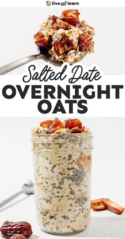 These sea salt and date overnight oats bring caramel flavor to breakfast! They are quick to make, made with simple ingredients, and packed with nutrients. Date Overnight Oats, Salted Caramel Candy, Overnight Oats Recipe Easy, Salted Caramel Bars, Best Overnight Oats Recipe, Overnight Oatmeal Recipes, Oat Recipes Healthy, Overnight Oats Recipe Healthy, Overnight Oats Healthy