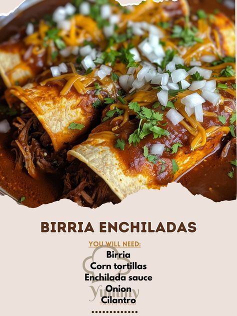 🌯🌶️ Turn up the heat with Birria Enchiladas! Rich, savory, and packed with flavor! #EnchiladaEnthusiast Birria Enchiladas Ingredients: Birria (cooked beef), shredded (2 cups (300 g)) Corn tortillas (10) Enchilada sauce (2 cups (480 ml)) Onion, chopped (1/2 cup (75 g)) Cilantro, chopped (1/4 cup (15 g)) Cheese, shredded (1 cup (100 g)) Instructions: Dip tortillas in warm enchilada sauce. Fill with birria, onions, and cilantro. Roll, place in a baking dish, top with cheese, and bake at 375°... Birria Enchiladas, Enchiladas Corn Tortillas, Beef Enchilada Recipe, Enchilada Ingredients, Beef Enchiladas, Enchilada Recipes, Corn Tortillas, Enchilada Sauce, Baking Dish