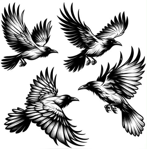 American Traditional Tattoos Crow, Traditional Crow Tattoo Design, Flying Raven Tattoo Design, Raven Tattoo Linework, Raven Tattoo Design Sketch, Crow Flying Tattoo, Raven Bird Tattoo, Raven Tattoo Drawing, Fine Line Raven Tattoo