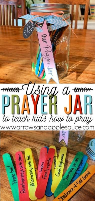 I love to use our prayer jar every morning to help my kids develope a healthy prayer life! See what's in our prayer jar and get some fun free printables, including a beautiful Lord's Prayer print. #teachingkidstopray #prayingwithkids #Christianparenting #learningtopray #kidsBibletime #Bibleactivitiesforkids #ChristianKids #prayerjar #Lordsprayer Lessons On Prayer For Kids, Prayer Ideas For Kids, Lesson On Prayer For Kids, Prayer Activities For Youth, Gods Love Crafts For Kids, The Lords Prayer Craft Sunday School, Prayer Jar Ideas, The Lord's Prayer Craft, Jesus Crafts For Kids