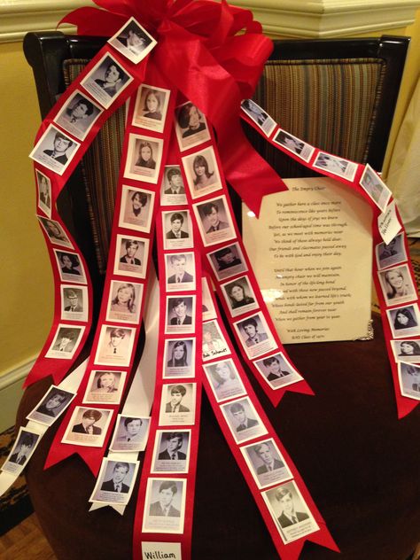 The Empty Chair memorial for our deceased classmates. Reunion Memorial Ideas, High School Reunion Planning, School Reunion Decorations, Class Reunion Favors, Class Reunion Planning, 50th Class Reunion Ideas, The Empty Chair, Reunion Centerpieces, 10 Year Reunion