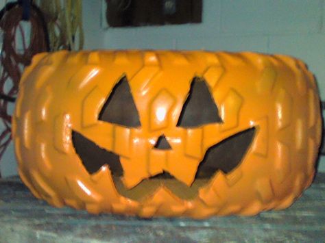 JACK the Tire-Pumpkin is my first pumpkin related tire creation Pumpkin Made Out Of Tires, Tire Pumpkins, Tractor Tire Ideas, Tire Diy, Tire Ideas, Tire Projects, Cool Things To Build, Tire Craft, Reuse Old Tires