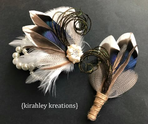 THANDION is an original and Rustic boutonniere perfect for the Groom and Groomsmen! This style has been created with mallard duck feather, accenting white, green herl and natural barred mallard feathers all securely wrapped with a rustic burlap twine. Comes with a pearl corsage pin for attaching. >> PLEASE NOTE << These are NATURAL Mallard Duck feathers. No two feathers are perfectly identical, therefore some variances in color should be expected. The predominant color is a deep blue Lake Theme Wedding, Duck Feather Boutonniere, Honk Jr, Bride Corsage, Feather Wedding Decorations, Pearl Corsage, Feather Arrangements, Groomsmen Buttonholes, Wedding Lapel