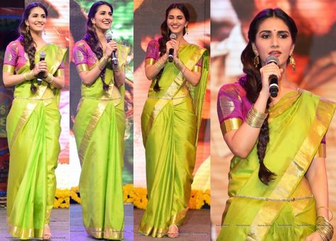 Vaani Kapoor rocking yet another Southern Silk #Saree... Love the pop of purple in the blouse Parrot Green Saree, Sari Style, Vaani Kapoor, Green Sari, Indian Celebrity, Parrot Green, Purple Saree, Anushka Shetty, Sari Blouse Designs