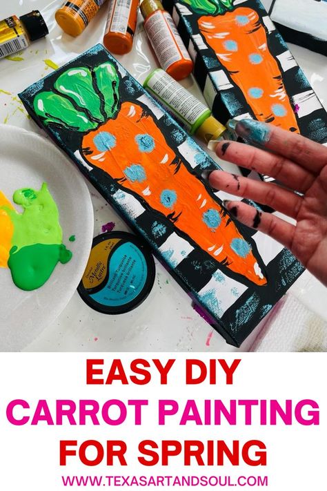 If you are a beginner painter, I have the perfect spring painting project for you! This fun and festive carrot painting is so easy to create. I give you step-by-step instructions and even show you how to add a little extra with some metallic paint. There’s even a video tutorial! Spring Painting Ideas On Canvas For Beginners, Easter Painting Ideas For Kids, Painted Carrots, Spring Painting Tutorial, Carrot Painting, Easter Art Painting, Easter Acrylic Painting, Easy Spring Paintings, Easter Painting Ideas