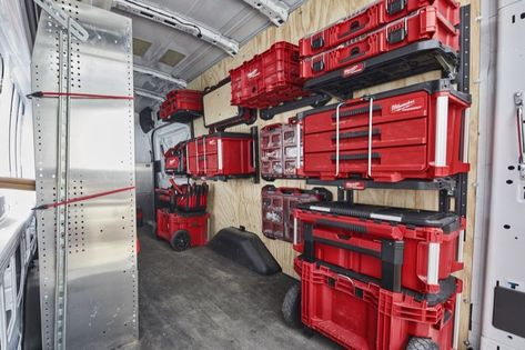 Milwaukee Packout Racking Kit and Shelf | Pro Tool Reviews Trailer Shelving, Work Truck Organization, Work Truck Storage, Milwaukee Tool Box, Van Racking Systems, Van Organization, Truck Organization, Van Shelving, Trailer Organization