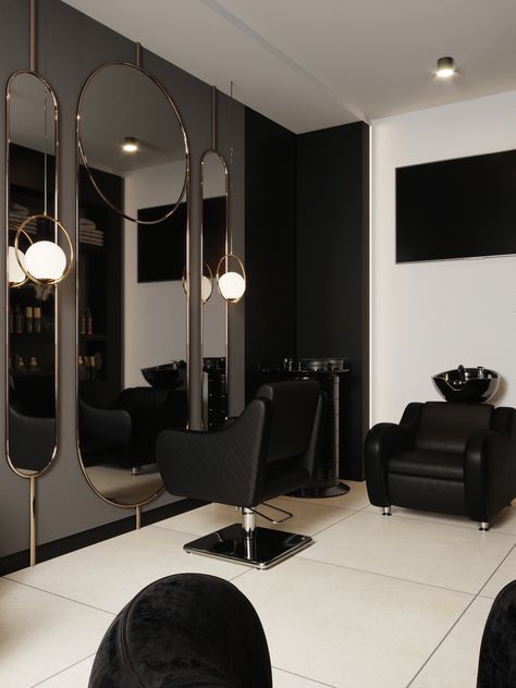 Dream Salon Project, Black Gold Hair Salon Interior, Salon Black Interior Design, Salon Interior Design Black And Gold, Nail Area In Salon, Beauty Saloon Interiors Ideas, Black And Gold Salon Interior Design, Interior Design For Salon, Black Beauty Salon Decor