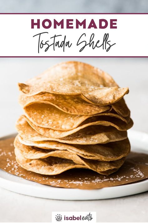 Want to make tostadas but can’t find any tostada shells at the grocery store? It’s a-okay because making them at home is super easy! All you need is a little oil, some corn tortillas and salt. Fried Tostadas, Tostadas Shells, Homemade Tostada Shells, Mexican Toppings, Mexican Tostadas, Baked Tostadas, Tostada Shells, Beans And Cheese, Isabel Eats