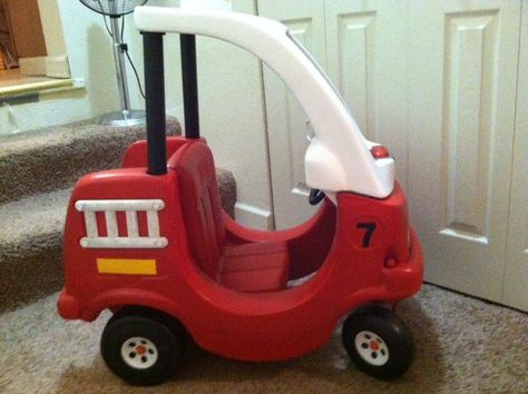 This one was one of my favorites! The firetruck! How To Make A Wagon Into A Firetruck, Cozy Coupe Makeover Firetruck, Turn Wagon Into Firetruck, Turning Wagon Into Firetruck, Fire Truck Box Car, Cozy Coupe Makeover, Fire Engine, Christmas Village, Fire Trucks