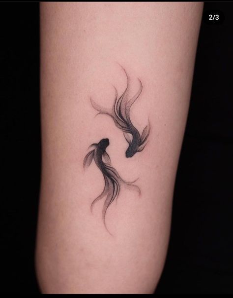 Triad Tattoo Chinese, Twin Koi Fish Tattoo, Coverup Tattoo Ideas Men, Coy Fish Matching Tattoo, Three Koi Fish Tattoo, Ear Back Tattoo, Fish Tatoos Woman, Negative Space Moon Tattoo, Sister Tattoos Coy Fish