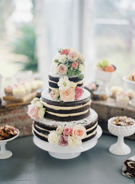 Naked Cake loaded with bundles of flowers -- pretty! See more of the wedding here: http://www.StyleMePretty.com/2014/05/14/vintage-wedding-that-fully-embrace-the-pastel-color-trend/ Photography: ByronLovesFawn.com Naked Cakes, Chocolate Wedding Cake, Wedding Cake Inspiration, Floral Cake, Delicious Chocolate, Pretty Cakes, Cake Inspiration