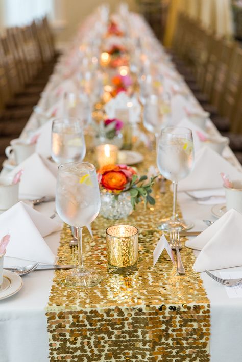 Table Runner With Greenery, Gold Sequin Table Runner, Panther Pride, Gold Runner, Gold Wedding Reception, Sequin Table Runner, Sequin Table, Wedding Tables, Peach Roses