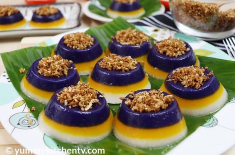 Sapin-Sapin - Yummy Kitchen Sapin Sapin Recipe Panlasang Pinoy, Pilipino Recipe Filipino Desserts, Sapin Sapin Recipe Filipino Desserts, Sapin Sapin Recipe, Pinoy Kakanin, Pilipino Food Recipe, Filipino Kakanin, Ensaymada Recipe, Phillipino Food