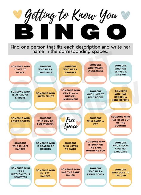 Make friends with the people in your party with this get to know you bingo game. This includes a pdf file of printable 7 variations of cards, one bingo guide, and a personal direct access link to customize your own cards using my template. Creative Bingo Ideas, Friend Bingo Template, Get To Know You Bingo For Women, Speed Friending Questions, Fun Bingo Template, Get To Know You Bingo, Bingo Questions, Personality Bingo, Friendship Bingo