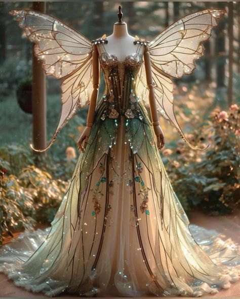 Ethereal Gown Fairytale, Fairy Dress With Wings, Elven Dresses, Creative Envelope, Faerie Wings, Wedding Dress Fantasy, Wedding Crochet, Fairycore Fashion, Fairy Gown