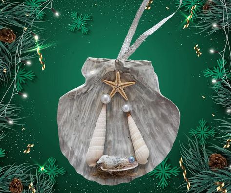 Crafty Lady - Beach Inspired Gifts and more | Nativity Shell Ornament  | Facebook Shell Nativity Scene, Beach Art Crafts, Manger Christmas, Diy Beach, Seashell Ornaments, Horse Ornaments, Nativity Ornaments, Shell Ornaments, Beach Diy