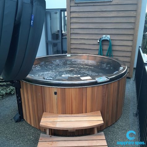 Hot Tub Hideaway, Circle Hot Tub, Plug And Play Hot Tub Ideas, Round Hot Tub Surround Ideas, Garage Hot Tub Ideas, Built In Hot Tub Ideas Backyard, Hot Tub Base Ideas, Cheap Backyard Makeover Ideas, Modern Hot Tubs