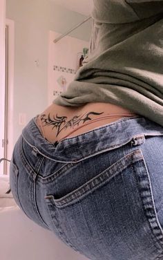 Down The Side Tattoos Women, Succubus Back Tattoo, Succubus Tramp Stamp Tattoo, Trampstamp Tattoo Aesthetic, Succubus Tattoo, Lower Back Tattoo, Tramp Stamp Tattoos, Palm Tattoos, Back Of Neck Tattoo