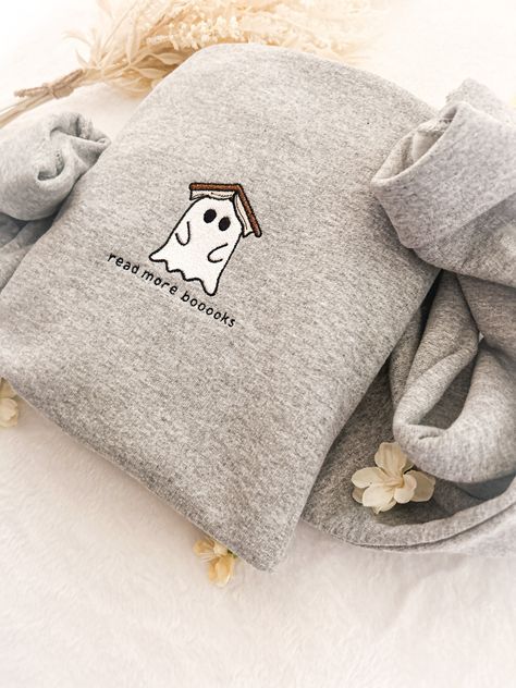 Embroidered Ghost Book Sweatshirt, Read More Booooks Sweatshirt, Fall Crewneck