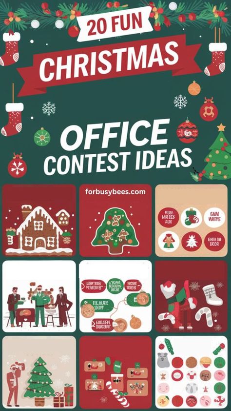 Work Christmas office contest Ideas Office Christmas Competition Ideas, Office Holiday Activity Ideas, Christmas Party Contests, January Office Activities, Workplace Christmas Activities, Christmas Games For The Office, Fun Office Christmas Games, Christmas Office Activities, Office Fun Ideas