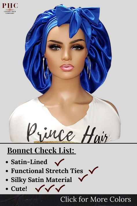 PHC Satin-Lined Stretch Tie Bonnet is the ultimate "bonnet" gamechanger. This cute bonnet helps to maintain your hair throughout the night from frizz, breakage and tangling. Satin Bonnet Natural Hair, Scrub Hat Patterns, Silk Hair Bonnets, Prince Hair, African Hair Wrap, Hair Ties Diy, Color Rubio, Hair Company