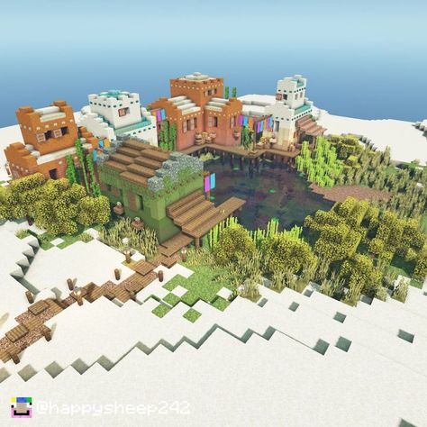 I made this oasis village in Minecraft :) If you want, you can watch the YouTube tutorial that i made for it by clicking the link! :) Minecraft Beach Town Ideas, Minecraft Desert Oasis Builds, Island Village Minecraft, Transformed Village Minecraft, Minecraft Beach Terraforming, Desert Oasis Minecraft, Minecraft Oasis Ideas, Beach Village Minecraft, Desert Town Minecraft