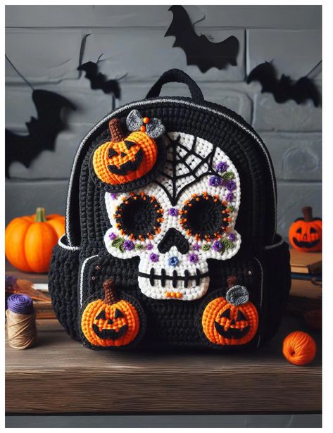 Halloween Bag Crochet, Crochet Halloween Bags Free Pattern, Crochet Halloween Bag, Free Crochet Halloween Patterns, Backpack Crochet Pattern, Creepy Crochet, Skull Backpack, Skull Crochet, Crochet Skull Patterns