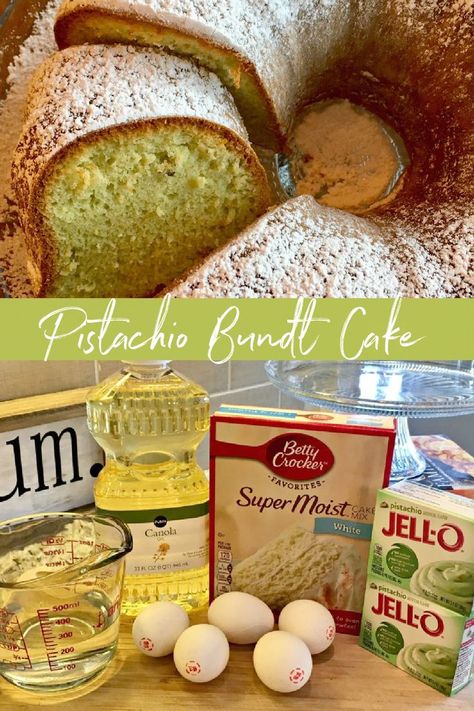 This is a 2 photo collage - top photo of a Pistachio Bundt Cake cut, showing the inside of the cake. The bottom photo shows the ingredients needed to make the cake displayed on a cutting board. Water, oil, 5 eggs, box of white cake mix and two boxes of pistachio pudding. Easy Pistachio Bundt Cake, Green Bundt Cake, Pistachio Bundt Cake With Sour Cream, New Years Bundt Cake Recipes, Easy Pistachio Cake Instant Pudding, Flavored Bundt Cakes, Pistachio Pound Cake Recipes, Pistachio Pudding Cake Recipe, Pistachio Bundt Cake Recipes