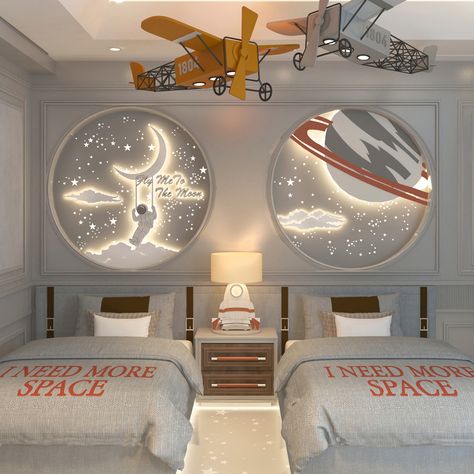 Space Theme Bedroom Boys, Dream Theme Nursery, Modern Space Themed Bedroom, Boy Rooms Toddler, Space Theme Kids Room, Boy Space Room, Boy Toddler Room Ideas, Boys Space Theme Bedroom, Boys Room Space Theme